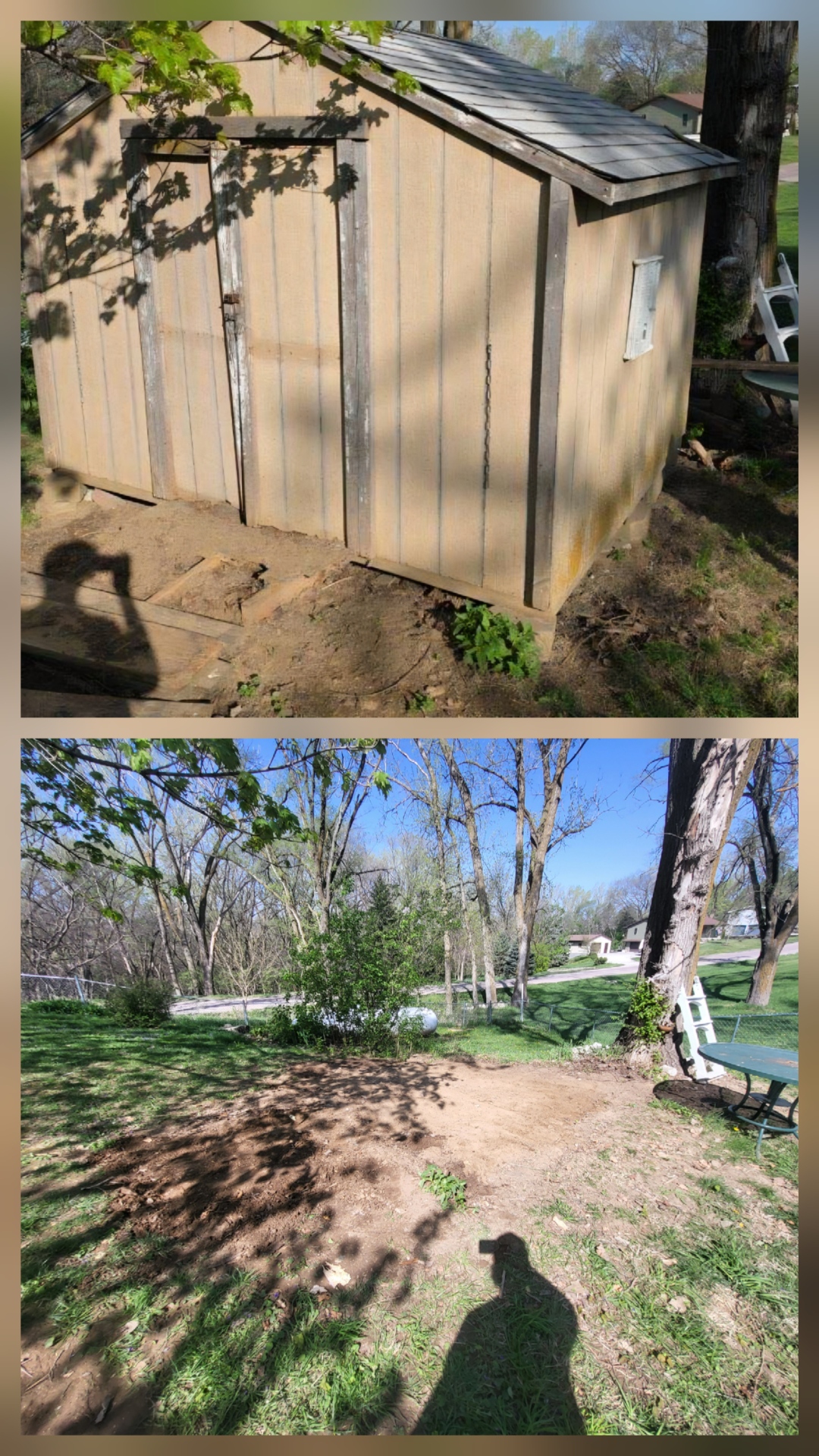 Before and after photos of a backyard shed demolition and full debris haul-off by Git R Done in Omaha, NE