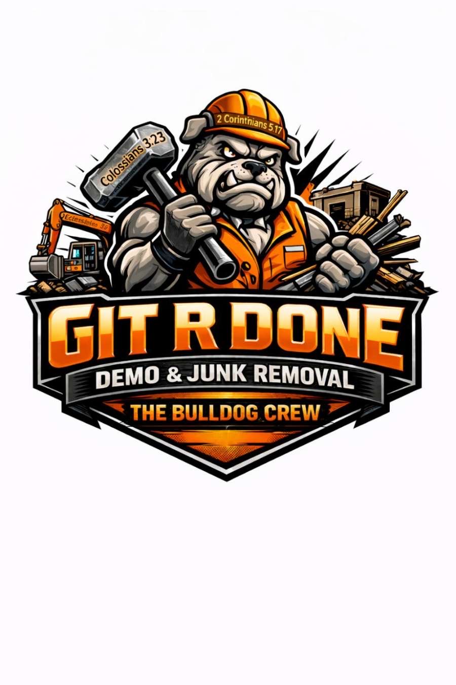 The Git R Done Bulldog Crew in action — backflipping over demo debris on a job site with their excavator in the background