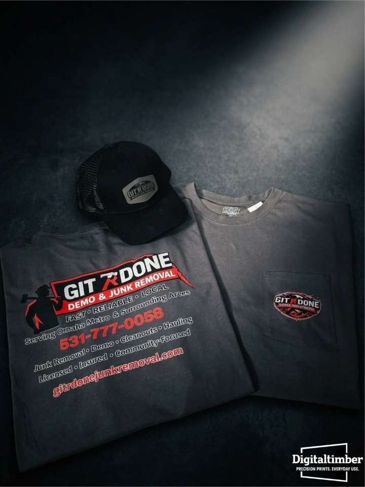 Git R Done Demo & Junk Removal merch — branded t-shirts and trucker hat